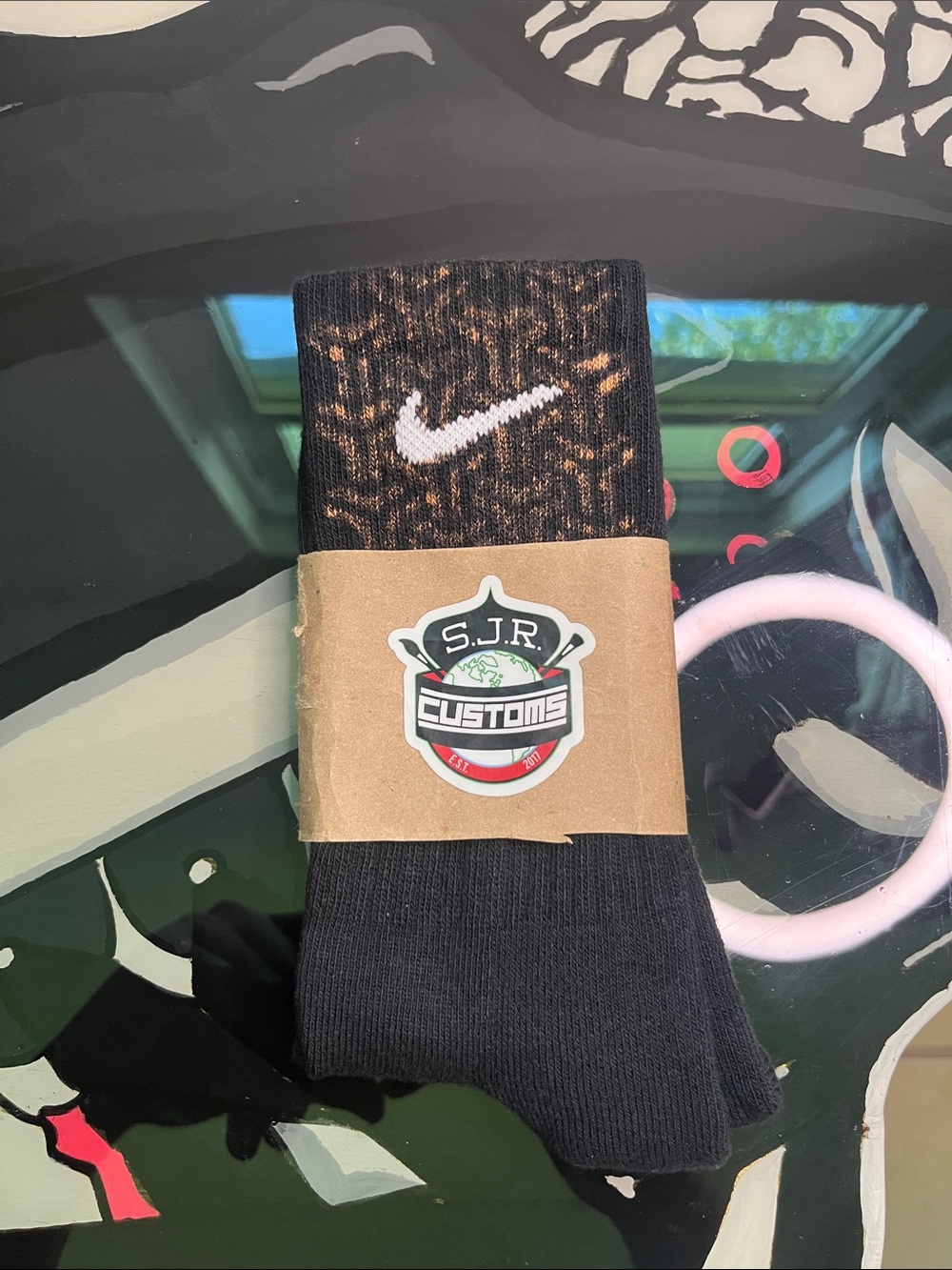 Nike Black Crew Socks with Brown Speckle and White Swoosh “What The Bleach”